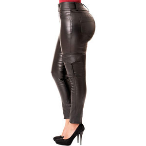 Pantalon cargo noir en PU pour femme, taille haute, coupe skinny, extensible, devant plat, style moto, longueur intégrale avec poches - Product Image 2