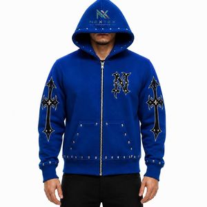 Custom Men <b>Gothic</b> Cross Studded Zipper <b>Hoodie</b> Winter Streetwear Hip Hop Oversized Fleece Jacket Casual Hooded Sweatshirt - Product Image 1