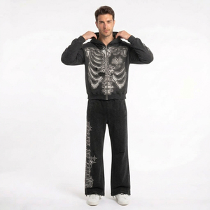 Private Label Fashion Unisex <b>Y2K</b> Gothic Skeleton Print Tracksuit Heavyweight <b>Vintage</b> Distressed Zip Hoodie Sweatpants 2-Piece - Product Image 5