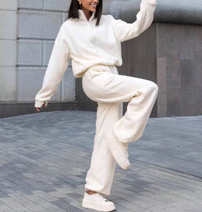 Womens White Half Zip Sweatshirt And Matching Wide Leg Pants Set Premium Heavyweight Fleece Pullover Loungewear Two Piece - Product Image 2