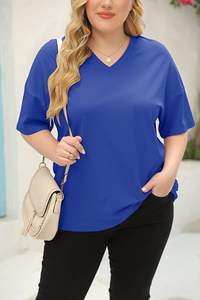 Camisetas de Verano para Mujer, Tallas Grandes, Cuello en V, Color Sólido, Ecológicas, de Media Manga, Estilo Casual, Holgadas, Tipo Túnica, 100% Algodón, 240 - Product Image 3