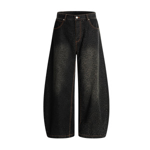 Men's Retro Leopard Print Scimitar Jeans American Style High Street Vibe Washed <b>Old</b> Silhouette Loose Wide Leg Casual Denim <b>Pants</b> - Product Image 2