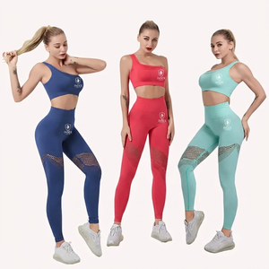 Ensemble de yoga pour femme Index, couleur unie, haut court taille haute, leggings longs, panneau en mesh respirant, sans couture, ensemble 2 pièces - Product Image 1