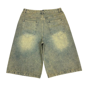Shorts en jean vintage délavé pour homme, coupe ample, jambe large, style Y2K gothique streetwear, 100% coton tricoté, couleur unie, OEM - Product Image 2