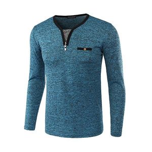 T-shirt en jersey à col en V et fermeture éclair pour homme, mélange polyester-coton, manches longues, décontracté, anti-boulochage, avec logo personnalisé - Product Image 3