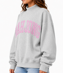 Sweat-shirt à col roulé oversize pour femme, gris, en coton, avec broderie de lettres Mahjong sur le devant, épaules tombantes, pull tricoté décontracté pour l'automne - Product Image 3