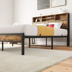 Full-Size Metal <b>Platform</b> <b>Bed</b> <b>Frame</b> with Storage Headboard Charging Station Bookcase-No Box Spring Needed - Product Image 3