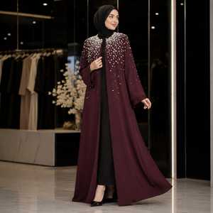 Hand Embellished Open Front Floor Long Sleeve Beaded Anti-Wrinkle Elegant V Neck Flared Hem Nida Abaya Women Party Occasion All - Product Image 2