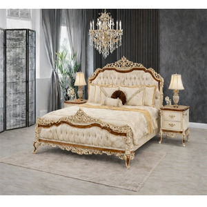 Lit Queen Size au design classique Baroque avec table de chevet, acheter un ensemble de chambre à coucher blanc et or, mobilier de chambre à coucher royal victorien New York - Product Image 1