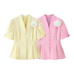 Blazer Peplum para Mujer, Cuello en V Corto, Mangas Abullonadas, Apliques de Flores 3D, Botones Tejidos, Transpirable, Casual de Verano - Product Image 1