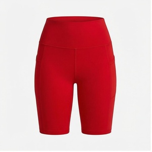 Shorts de yoga rouges taille haute avec poches, extensibles dans quatre directions, sans coutures, pour femmes - Product Image 1