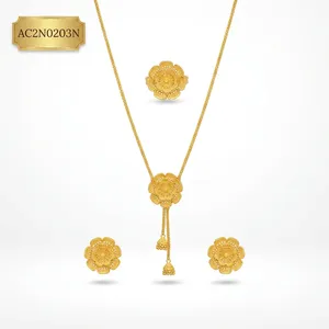 Flower Charm Pendant Necklace Set 18 Inches Brass Gold Plated Women's Jewelry Wedding Party Fashion Style Rope <b>Chain</b> Earrings - Product Image 2