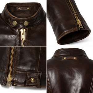 Men's Premium Horsehide Leather Cafe Racer <b>Jacket</b> 1.0mm Vintage Biker <b>Slim</b> <b>Fit</b> Moto Outerwear - Product Image 4