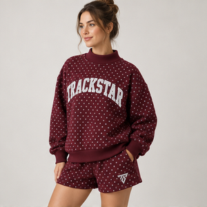 Women's <b>Burgundy</b> Allover Microdot Mock Neck 2-Piece Shorts Set Custom Casual Sportswear - Product Image 3