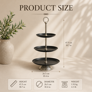 Support de service moderne en métal noir et argent à trois niveaux avec plateaux ronds, organisateur de présentation de desserts peu encombrant pour les fêtes - Product Image 2