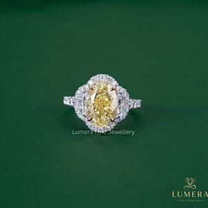 Fancy Yellow Oval Cut Lab Grown <b>Diamond</b> Halo Three Stone Engagement <b>Ring</b> 18K White Gold for Women - Product Image 2