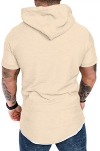 <b>Men's</b> Regular Fit Hooded <b>Short</b> <b>Sleeve</b> Fleece T-Shirt Pocket Beige 100% Cotton Casual Winter Wear Breathable Quick Dry High - Product Image 2