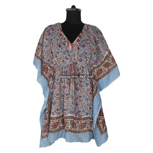 100% Cotton Women Sleepwear Hand Block Printed Kaftan Dress KFCS134 <b>Light</b> Weight Women Casual Occasion Wear Short Caftan Dresses - Product Image 5