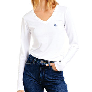 T-shirt blanc pour femme en coton biologique à col en V avec logo bleu, décontracté, printemps-été, respirant, écologique, manches longues, coupe classique - Product Image 6
