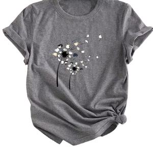 Camiseta con estampado de algodón y cuello redondo para mujer, camiseta Vintage de manga corta de encaje, botón de cintura Natural personalizable sólido - Product Image 3