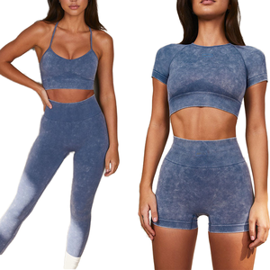 เสื้อกล้ามเอวยางยืดและเลกกิ้งสำหรับเล่นโยคะชุดออกกำลังกายสีพื้นระบายอากาศ - Product Image 1