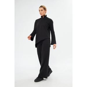 Ensemble 2 pièces pour femmes, col roulé noir en tricot, manches longues, coupe ample, pantalon long uni minimaliste, tenue haut et bas - Product Image 2