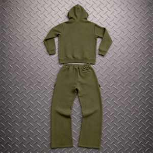 OEM Custom Distressed Patch Embroidery Logo Acid Wash Vintage Winter 100% Cotton Pullover Hoodie Flared Sweats <b>Pants</b> Heavyweight - Product Image 2