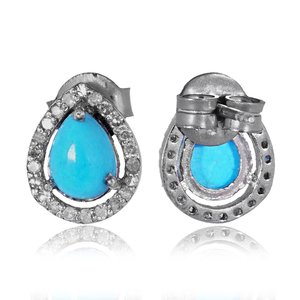 ต่างหูเพชรแท้ทรงลูกแพร์ประดับเทอร์ควอยซ์ ชุบเงินแท้ 925 แบบกดติด ทำด้วยมือ งานละเอียด ขายส่ง - Product Image 2