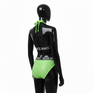 Conjunto de bikini premium de poliéster y spandex de 180 GSM, tela de malla verde neón, banda elástica con logo, conjunto de bikini con marca personalizada para mujer - Product Image 4
