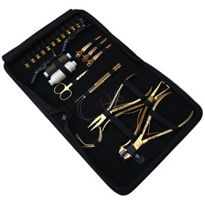 Gold Micro Ring and Tape In pliers Hair Extension Tool Bundle with 7 Inch Flat Crimper Bead Remover Tool and <b>Hook</b> Loop Set <b>Clips</b> - Product Image 1