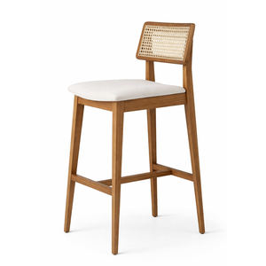 Chaise de bar haut de gamme en teck massif avec dossier en rotin et assise rembourrée, idéale pour bar à domicile, comptoir de cuisine, salle à manger, café commercial moderne - Product Image 3