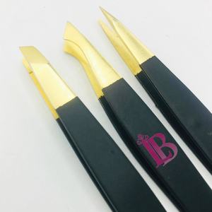 Pinzas Profesionales para Cejas, Pinzas para Cejas de Visón Negro, Juego de Pinzas Rectas y Oblicuas de Acero Inoxidable con Punta Dorada y Logotipo - Product Image 5