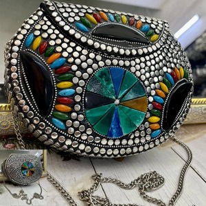 Metal Evening Clutch Bag with <b>Silver</b>-Plated Frame Round Shape-FAIZA CRAFT Custom Color <b>Handbag</b> for Home Decor & Gifts - Product Image 1