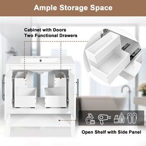 30-Inch White Solid Frame MDF Board <b>Bathroom</b> <b>Vanity</b> with Sink Multi-Functional Cabinet Featuring Doors and Drawers - Product Image 6