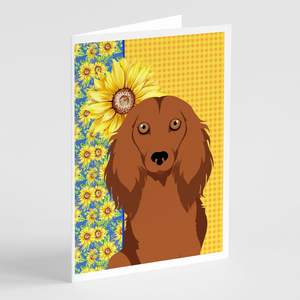 Summer Sunflowers Red Dachshund Tarjetas de felicitación Pack 8 Whimsical A7 Tamaño 5x7 Tarjetas de notas en blanco Sobres Estilo de pelo largo para - Product Image 1