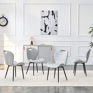 Set di 4 Sedie da Pranzo in PU Grigio Chiaro con Maniglia Integrata, Telaio in Metallo Nero e Piedini Regolabili per Uso Domestico - Product Image 2