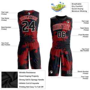 Custom Sublimated Basketball Uniform Men Red Black Mesh Sleeveless Breathable Polyester Team Name Print <b>Athletic</b> Fit - Product Image 2