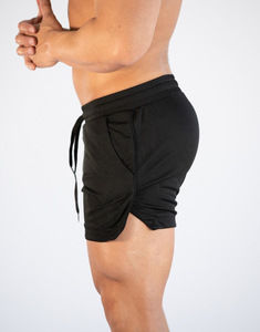 Shorts de sport décontractés pour hommes, noirs, unis, à séchage rapide, taille élastique avec cordon de serrage, en toile, mi-longs - Product Image 2