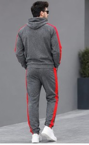 Chándal con Capucha para Hombre, Color Gris y Rojo, Estilo Urbano, Mangas Largas, Bolsillos Laterales con Cordón, Ropa de Invierno, 100% Algodón Felpa - Product Image 2
