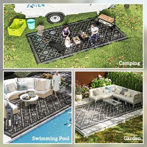 Tapis d'extérieur réversible noir et gris à motif losanges 9FT X 18FT en paille plastique imperméable avec sac de transport - Product Image 5