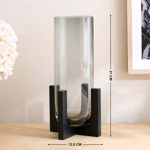 Florero Cilíndrico Moderno de Vidrio con Base de Madera Sólida, Hecho a Mano, de Alta Calidad, para Decoración Minimalista del Hogar - Product Image 6
