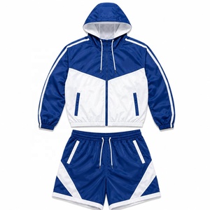 Blue White Winter Adult <b>Men's</b> Tracksuit Hooded Zip-Up Jacket and <b>Shorts</b> Set Sportswear Windproof Logo Front - Product Image 1
