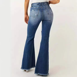 OEM Design Women Distressed Flared Jeans High Waist Ripped <b>Bell</b> Bottom Denim Pants Baggy Stretchy Trousers - Product Image 4