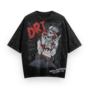 เสื้อยืดโอเวอร์ไซส์ลายหัวกะโหลกสไตล์สตรีท แขนสั้น คอกลม สีดำ ลุคดิสเทรส พิมพ์ลาย - Product Image 1
