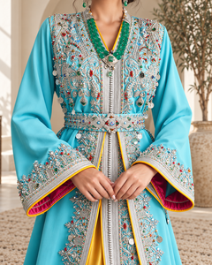 Caftán Marroquí Elegante Turquesa Mishkat Couture con Bordado Plateado, Gemas Multicolor, Cinturón de Monedas y Largo Maxi Dorado - Product Image 1