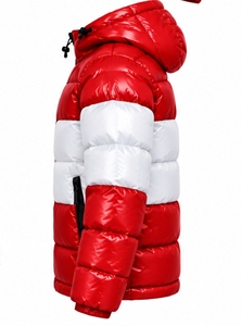 Chaqueta acolchada con capucha para hombre, en bloques de color rojo y blanco, abrigo grueso de invierno con cremallera, ropa deportiva exterior. - Product Image 3