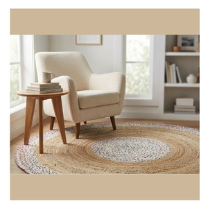 Handwoven <b>Round</b> Jute Rug Natural Braided Cotton Border Boho Rustic Floor <b>Carpet</b> Living Room Bedroom Home Decor Mat OEM - Product Image 1