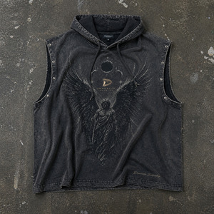 Camiseta sin mangas con capucha para hombre, estilo oversize, lavado ácido, Y2K Grunge High Street, 100% algodón, estampada - Product Image 6