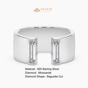 Moissanite Engagement <b>Ring</b> Baguette Cut Open Band 925 Sterling <b>Silver</b> Wide Statement <b>Ring</b> Women Modern Los Angeles Anniversary - Product Image 6