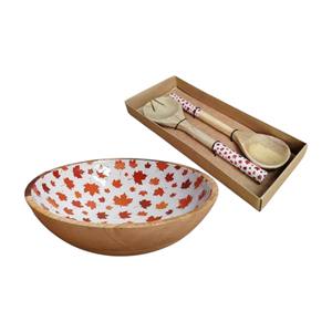 Petit ensemble de bols en bois avec intérieur émaillé à motif de feuilles noires, conçu pour une utilisation quotidienne à la table - Product Image 3